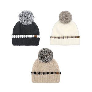 Neutral Horizontal Stripe Cuffed Pom Beanie NWT